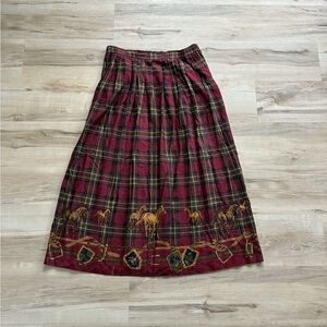 Tabi International Equestrian Tartan Plaid A-Line Skirt with Horse Motif
